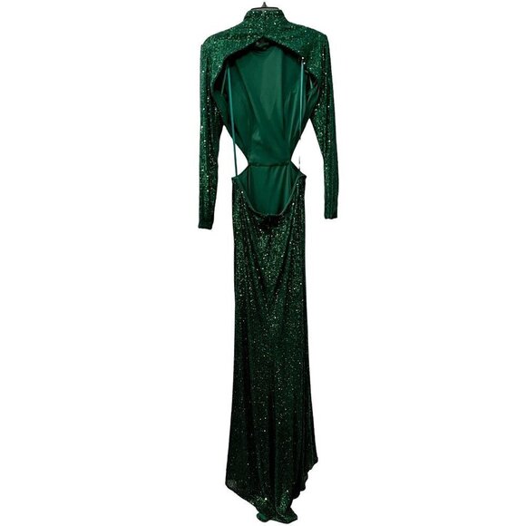 La Femme Size 10 Sequin Long Sleeve Back Cutout Gown Emerald Green *Thread Pull* - Picture 11 of 14